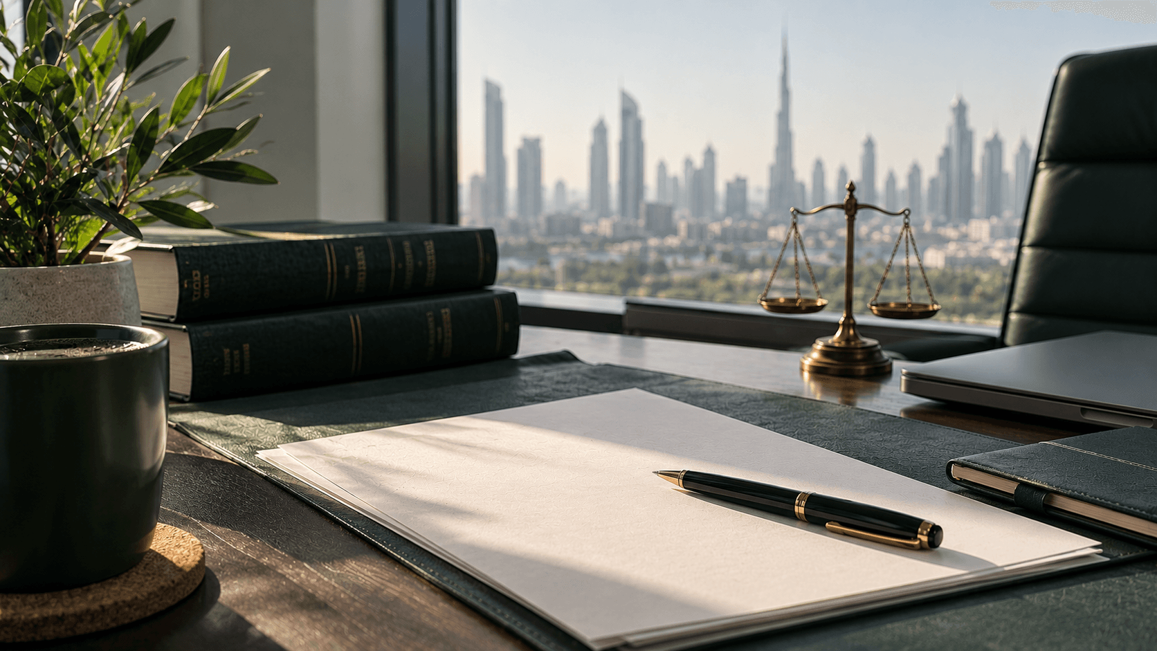 Trademark registration workspace with legal documents and Dubai skyline.